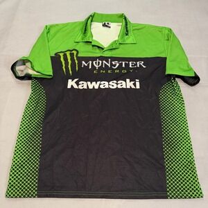 VTG Y2K Kawasaki Monster Energy Race Team Polo Shirt Men Green Mesh Jersey-L6516